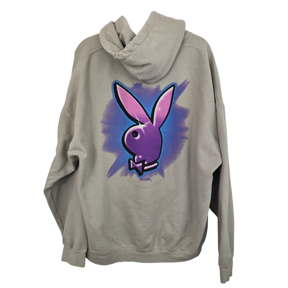 Playboy Airbrush Bunny‎ Graphic Hoodie Mens XL Beige Purple Pullover Sweatshirt